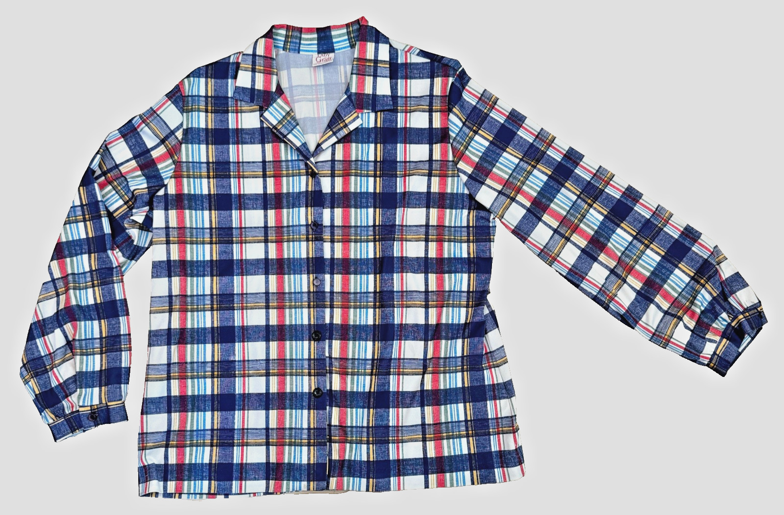 Vintage 70s Lady Graff Plaid Shirt Womens M Blue Red Button Front Retro Top Mod