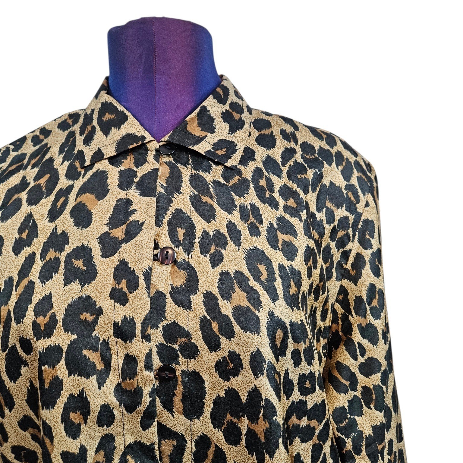 Stunt 100% Silk Leopard Print Button Down Blouse Animal Print Medium H22