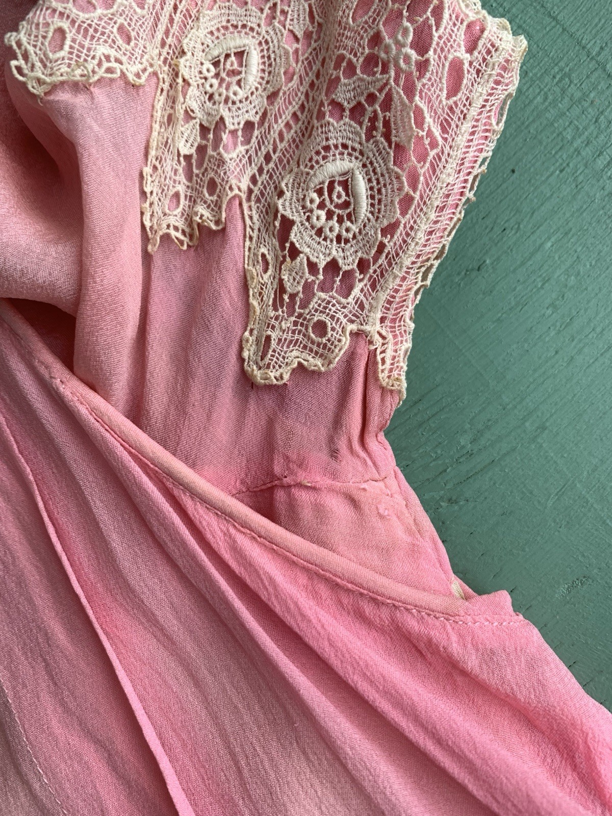 Antique 1920s Bubblegum Pink Silk Dress Lace Trim Size XS S