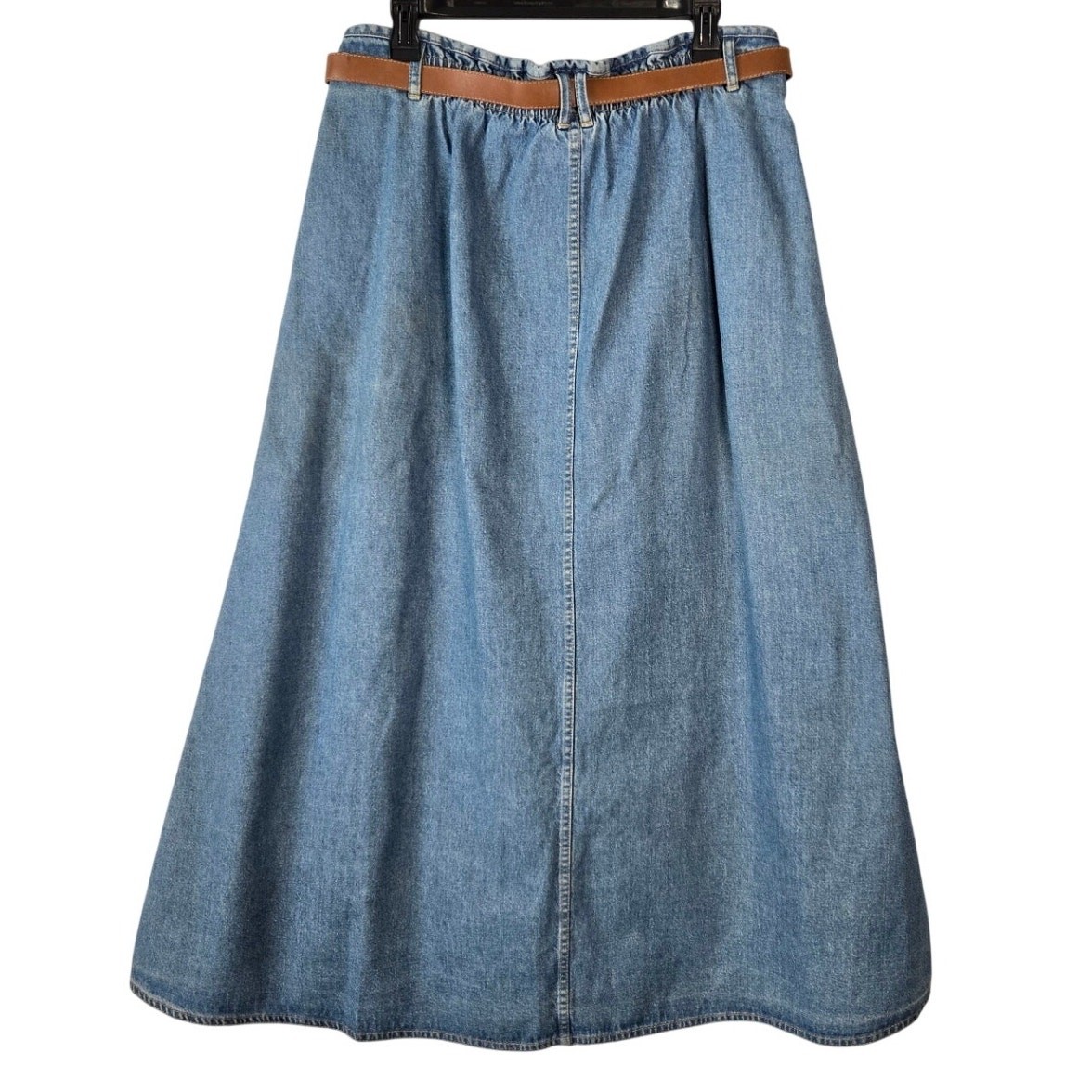 Vnt Lizwear Denim Maxi Button‑Down Coastal Cowgirl Skirt with Brown Belt Size 16