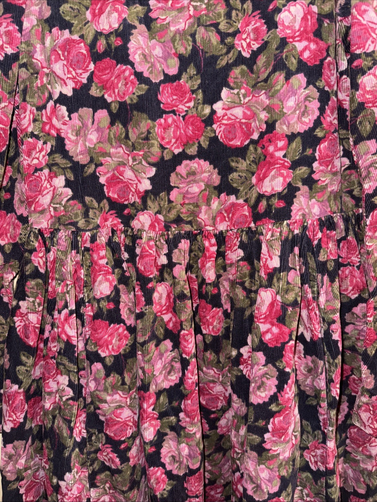 Vtg 80’s Laura Ashley Corduroy Pink Roses Dress Sz 6 Long Puff Sleeves Prairie