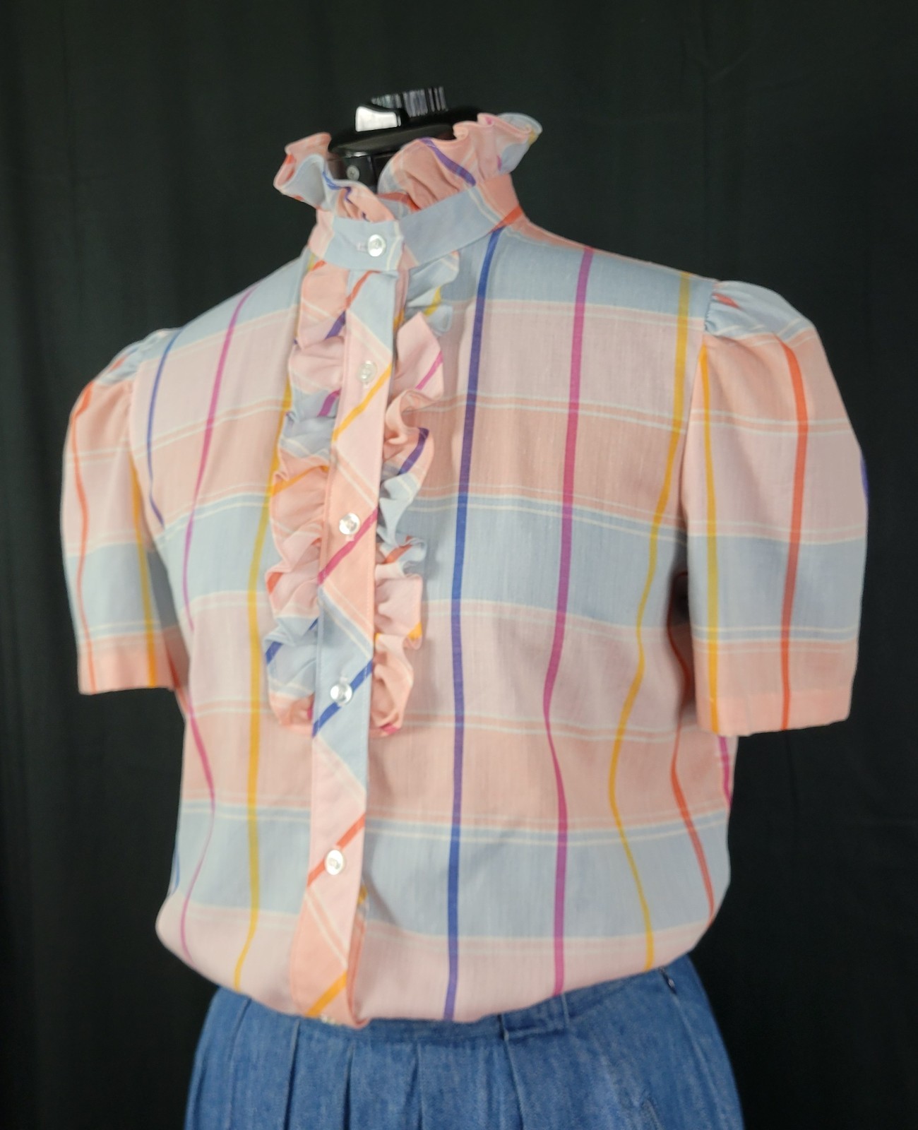 Vtg Lucky Winner Peach/Blue/Pink/Purple Plaid Top w Ruffled Collar Size 11/12