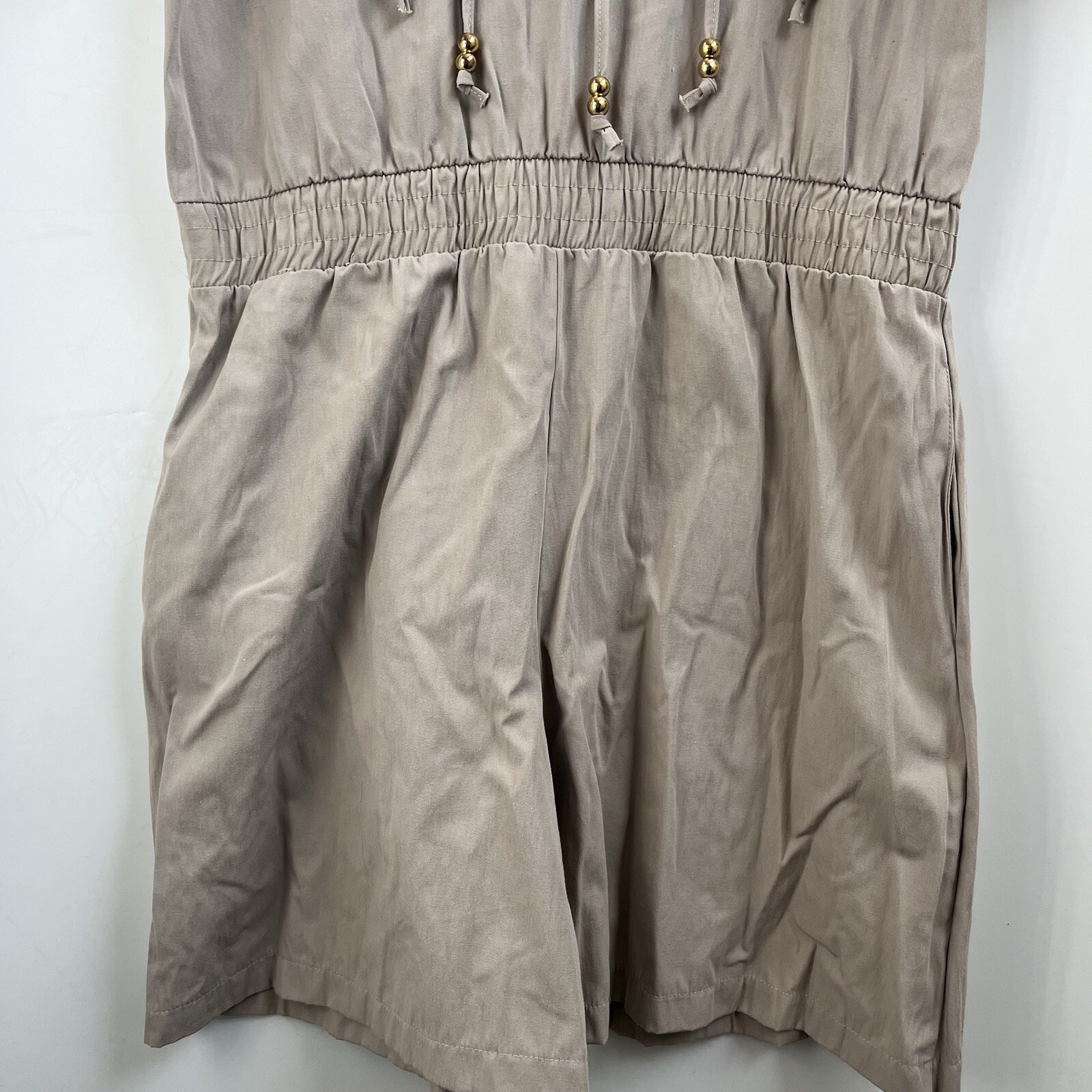 Vintage 80’s Adolfo Sport Khaki Romper Elastic Waist Beading/Studs/Rhinestones