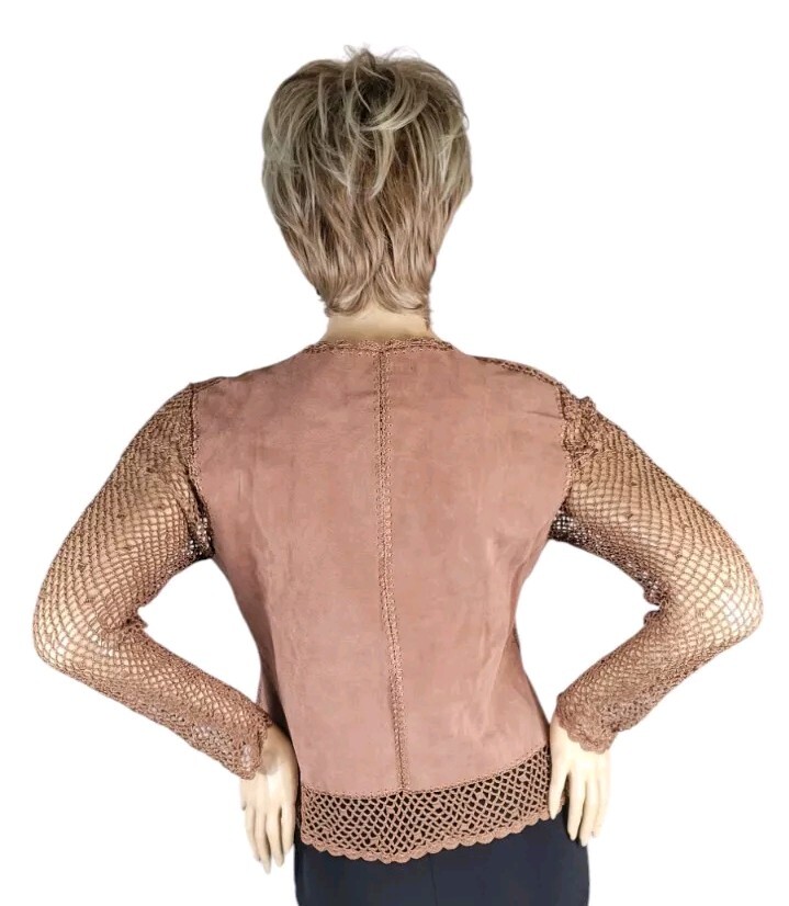 Vtg Y2K Kroshetta By Papillon Brown Leather Suede Crochet Boho Cardigan Top M