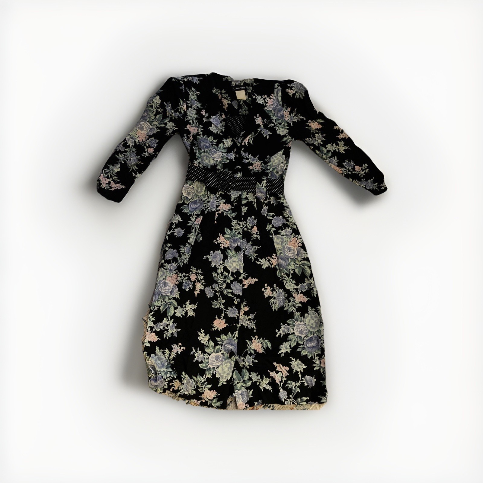 Vintage Laine Size 10 Black With Colorful Floral Pattern Wide Belted Midi Dress