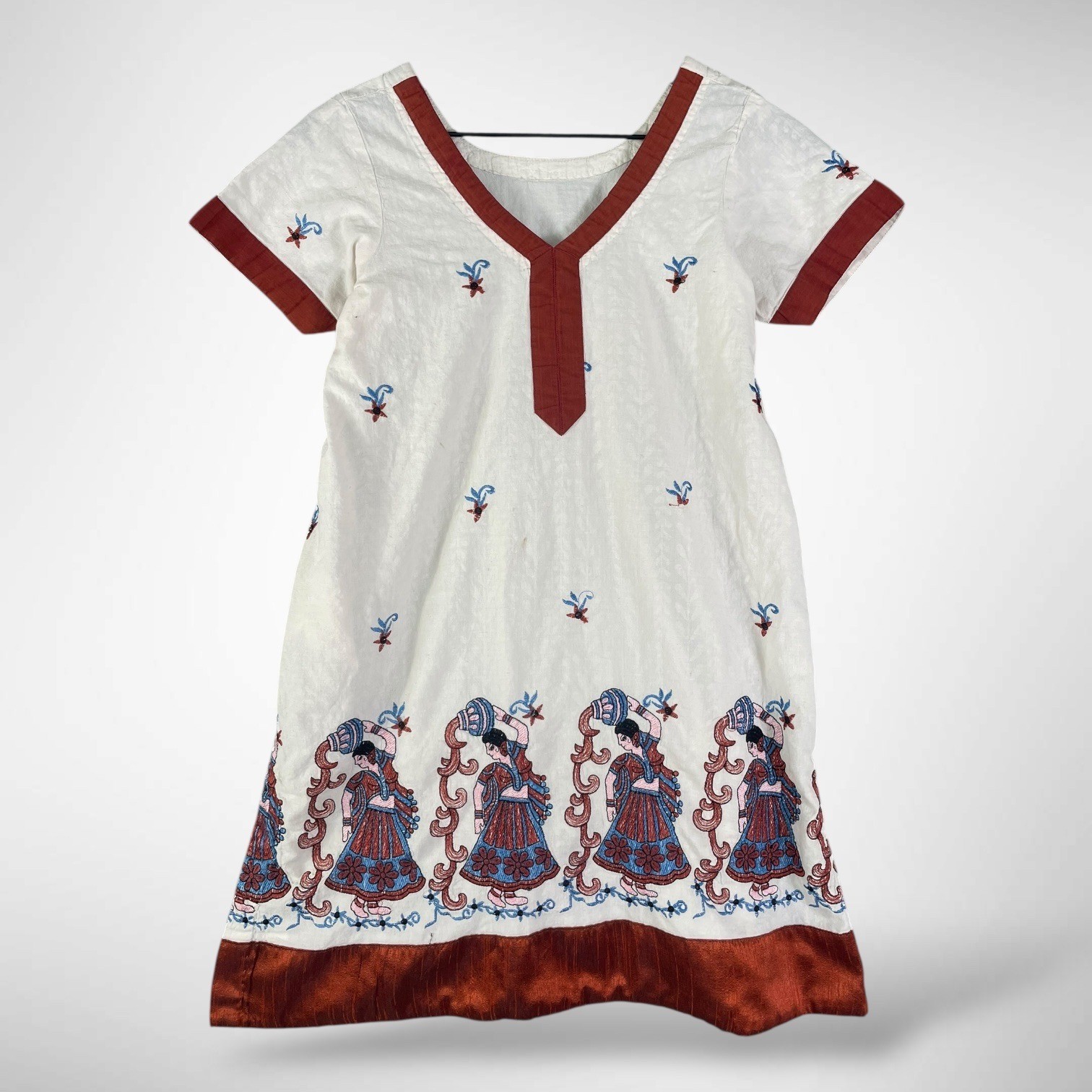 Vintage Hand Embroidered Boho Tunic Dress Cream Rust Blue V Neck Cottagecore
