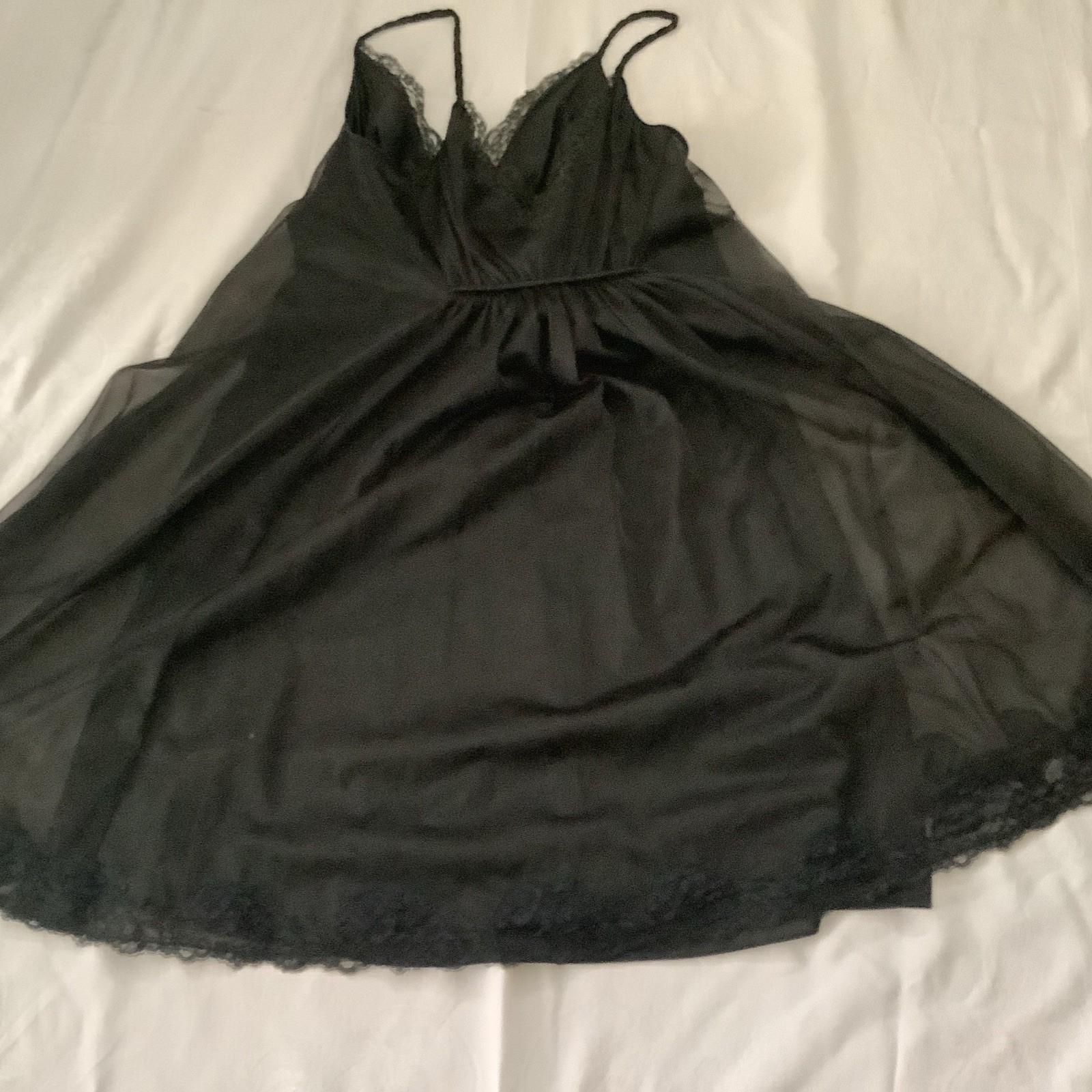 Vintage Ladies Night Gown Shadow Line Brand Double Layer Nylon Black Gown Med