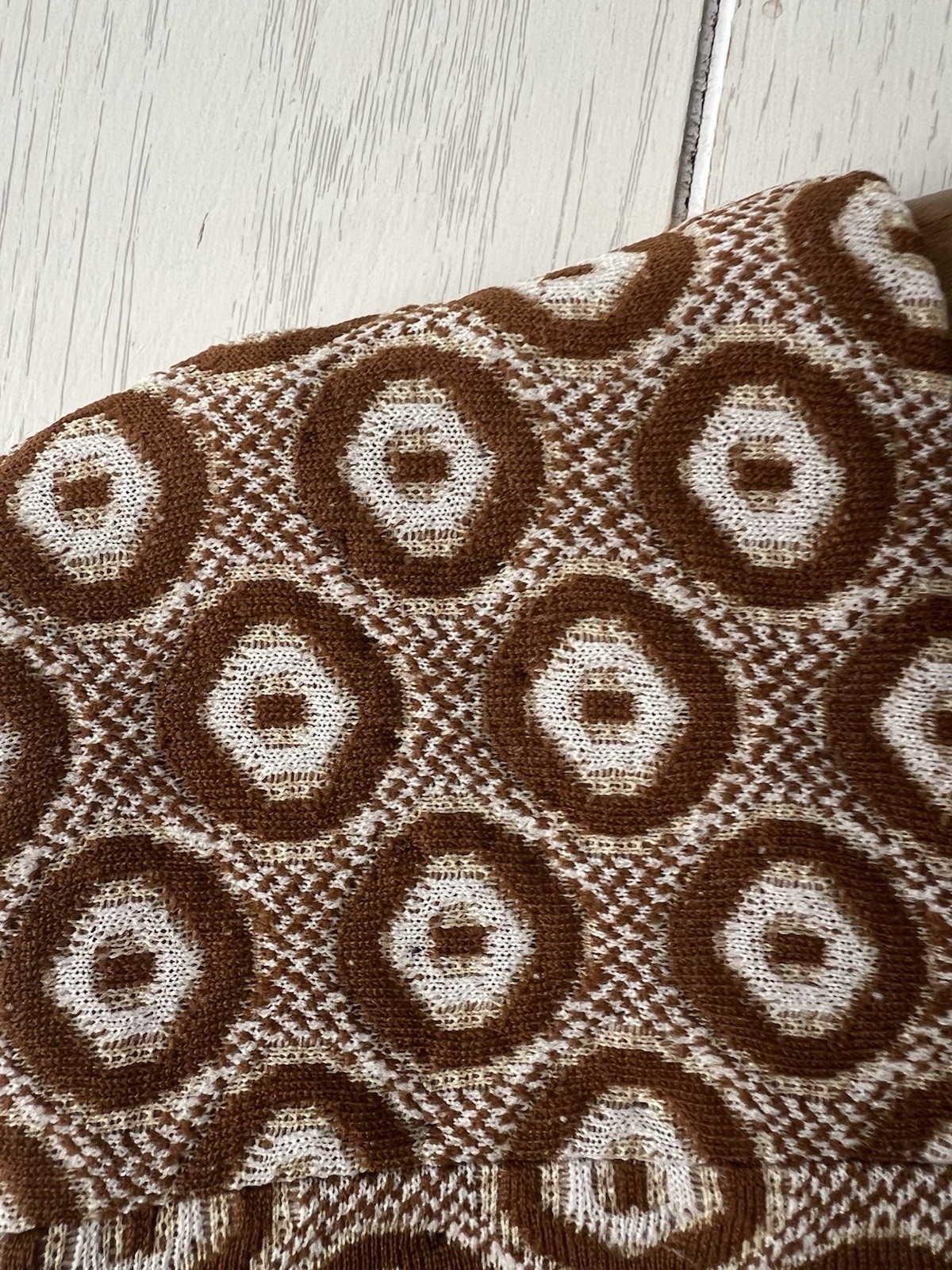 Vtg 60s Mod Shift Dress Brown Geometric Knit Hourglass MCM Medium Large GoGo