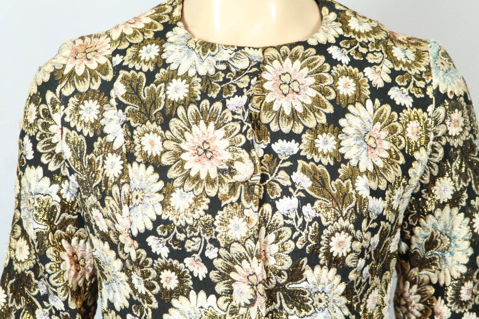 Vtg REVILLON BOUTIQUE PARIS Gold Multi-Color Floral Tailored Jacket Blazer XS/S