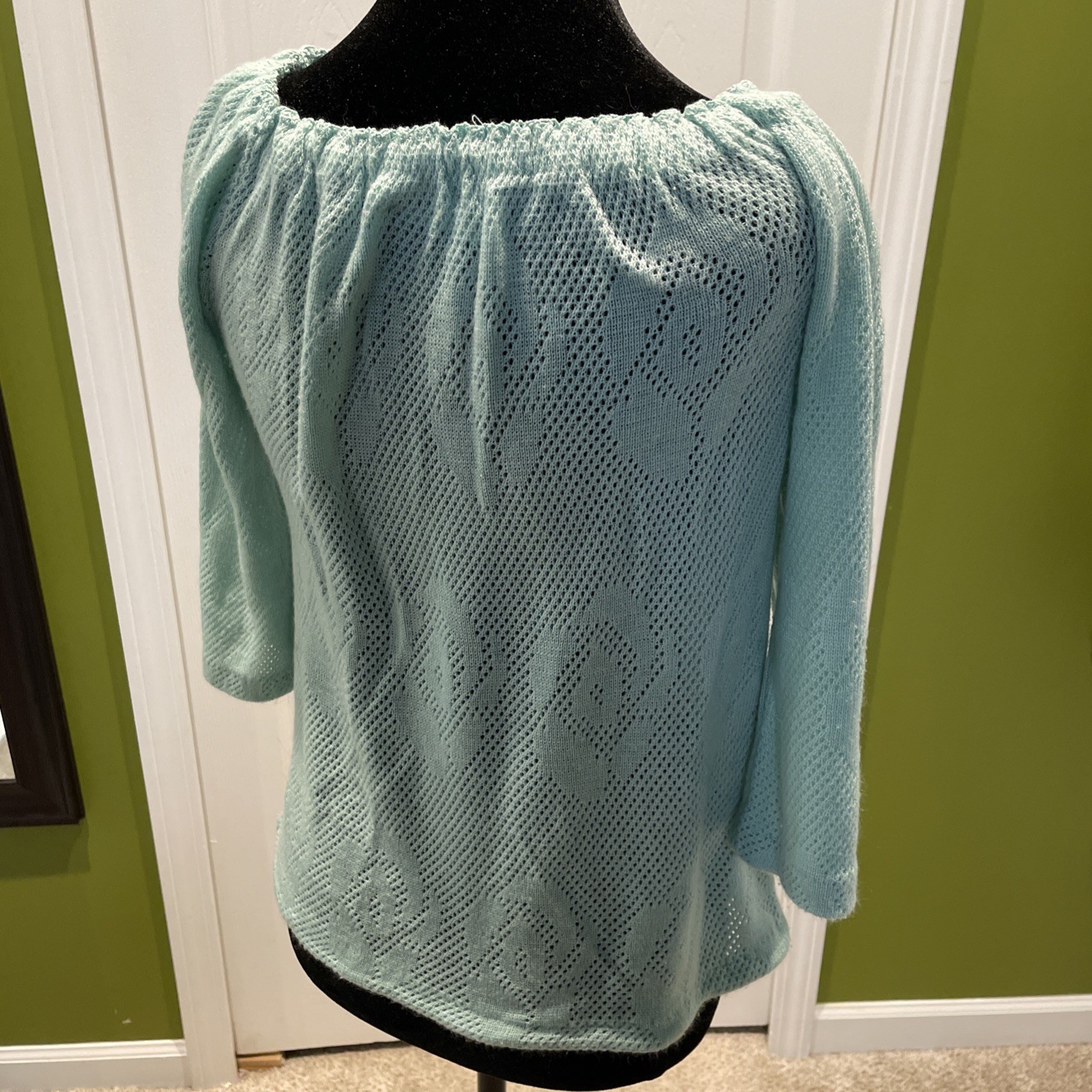 Vintage Garland 80s 3/4 Length Sweater Mint Green Roses Sheer Light Small Xs