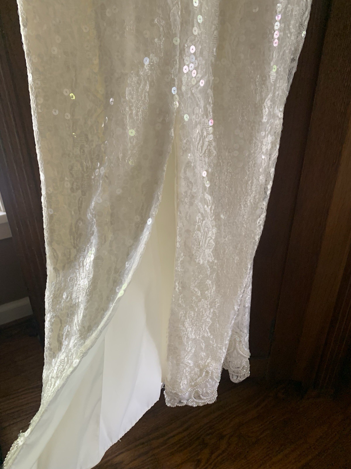 Vintage 80’s-90’s Sequin Beaded Ivory Formal Dress Gown Bow Sleeves Wedding Prom