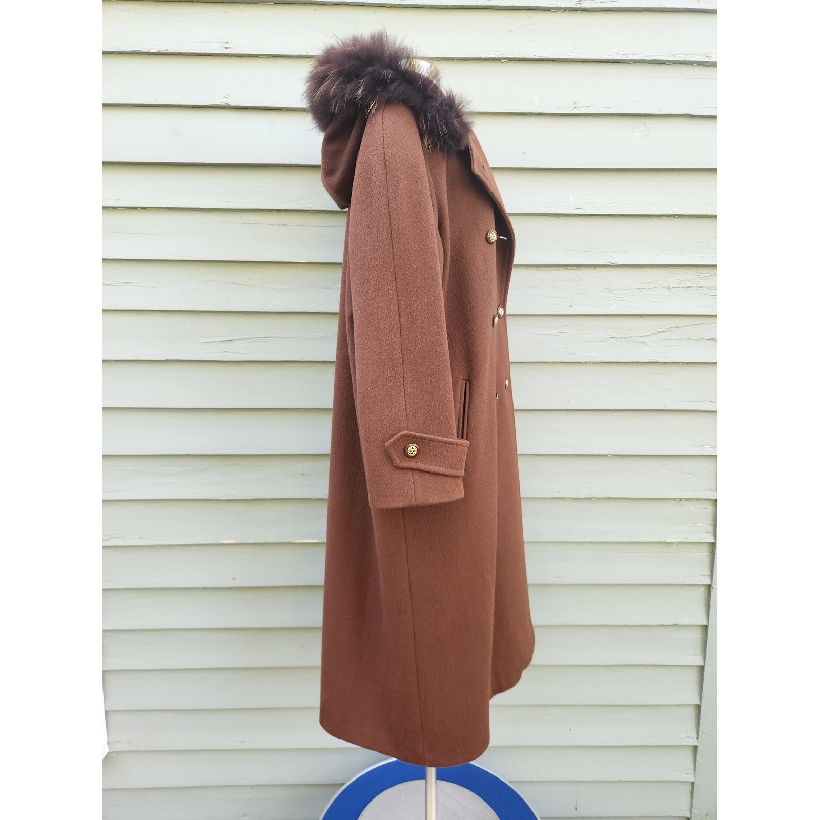 Vintage 80s Fleet Street Overcoat Brown Wool Double Breasted Fur Trim Hood 16