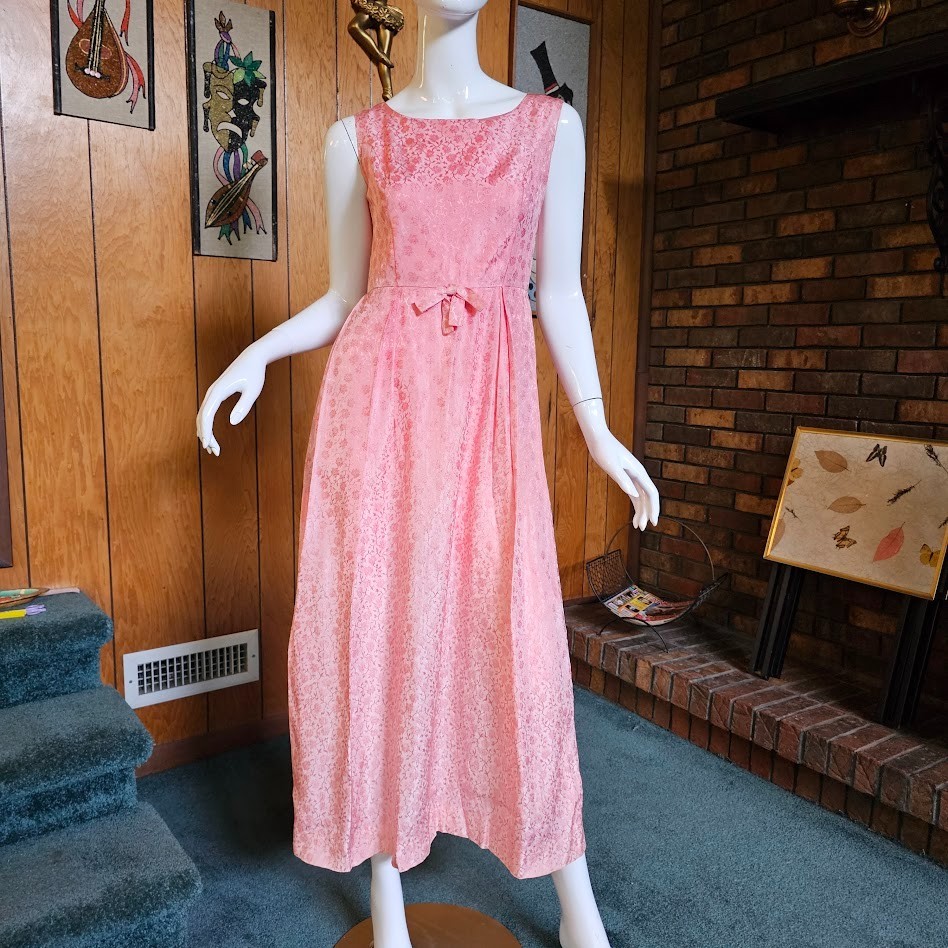 Vtg 60s Pink Brocade Empire Sleeveless Bridesmaid Formal Party Maxi Dress XS/S