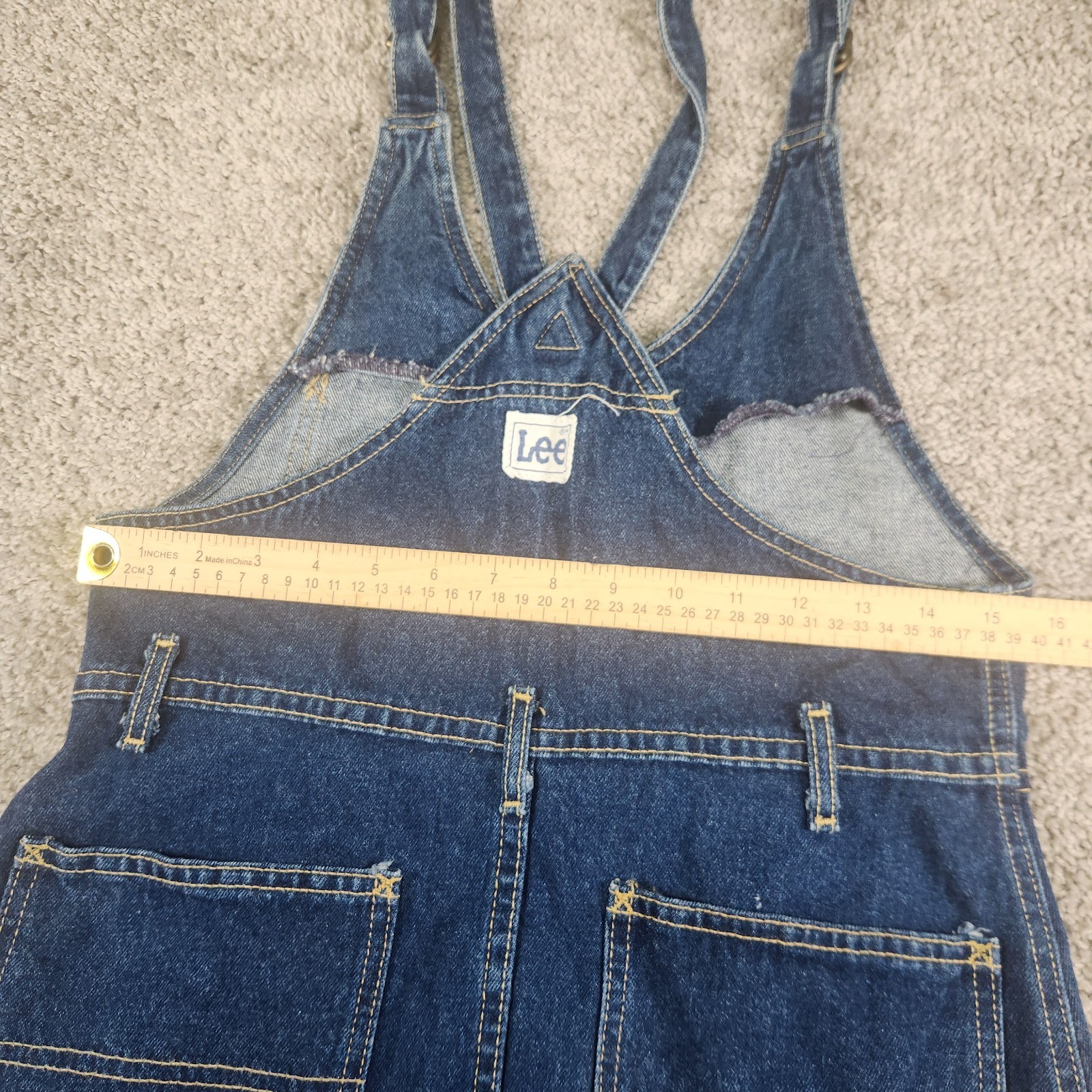 VTG Lee Denim Overall Dress Sz Medium 7/8 Dark Wash Button Front Bib USA 70s 80s