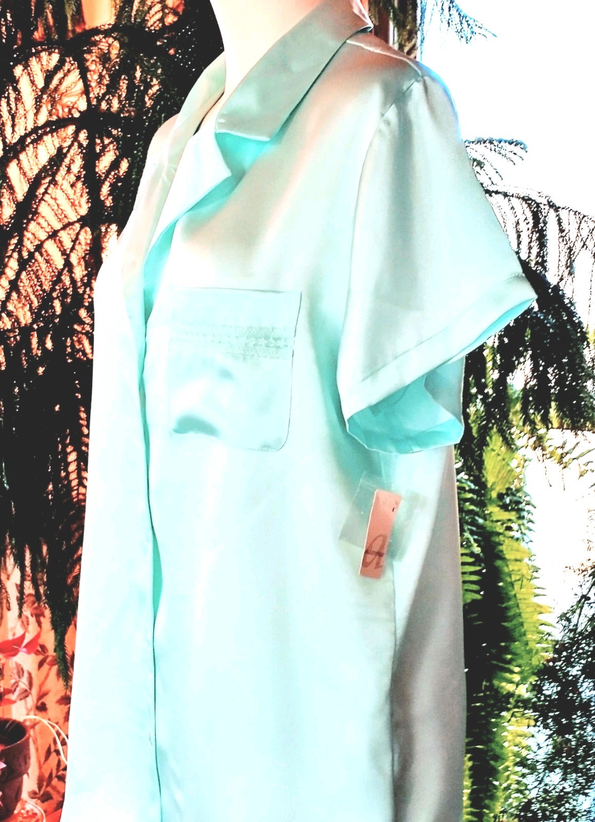 Vintage Adonna Pajama Set Pale Aqua Short Sleeve w Pocket Satin Poly Sz LG NWT