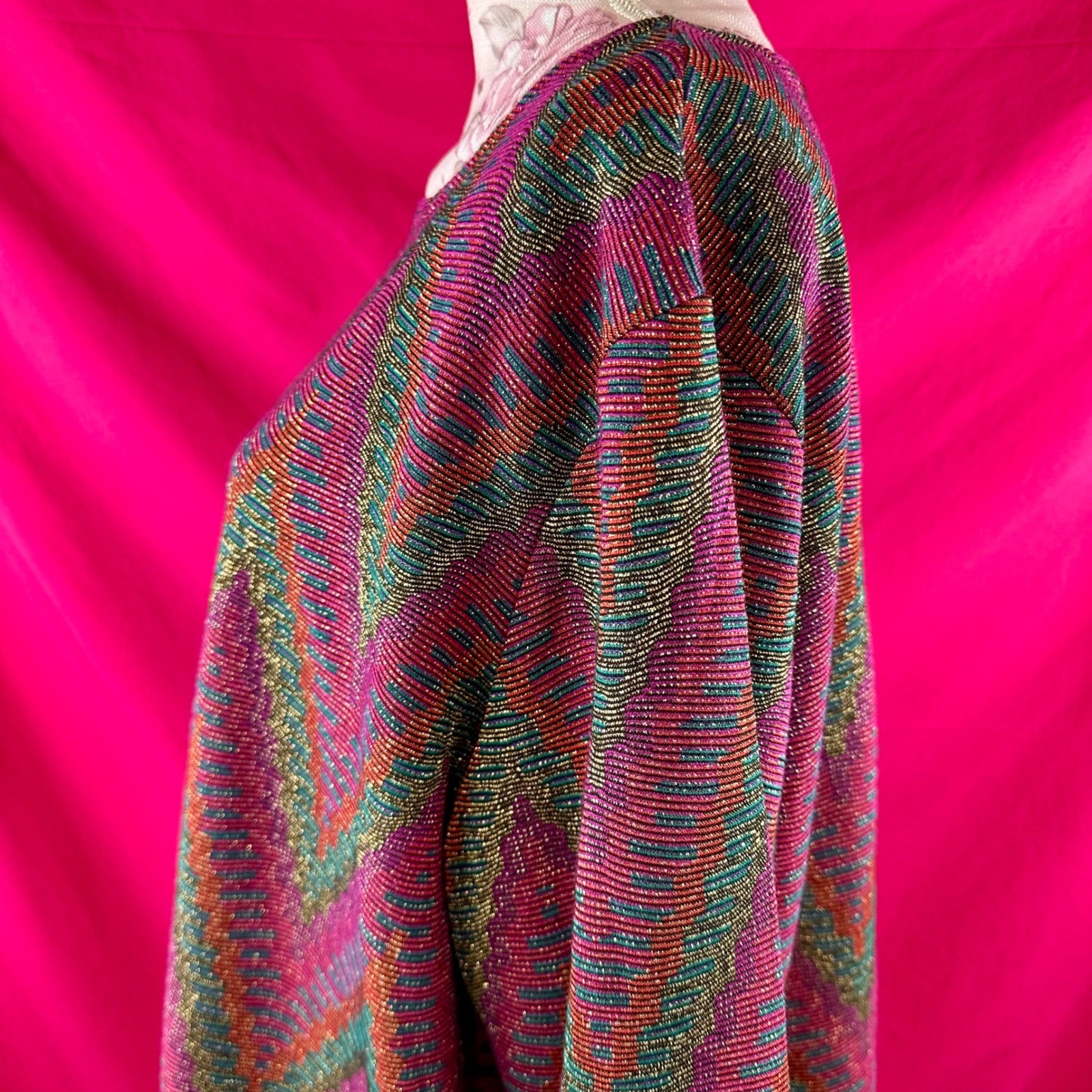 Metallic Vintage 80s 90s Chevron Knit Tunic Top Pink Sparkle 3X Holiday Glam