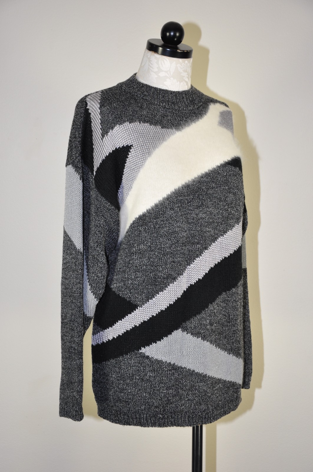 90s Vintage Gray Angora Rayon Colorblock Crewneck Boyfriend Sweater Women M L