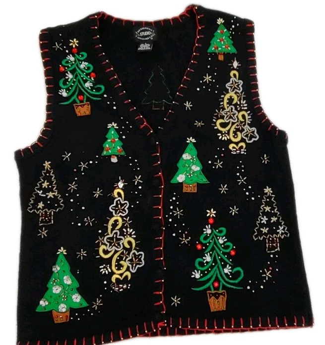 Vtg Designers Originals Studio Joy Women Christmas Knit Vest Trees Embellished