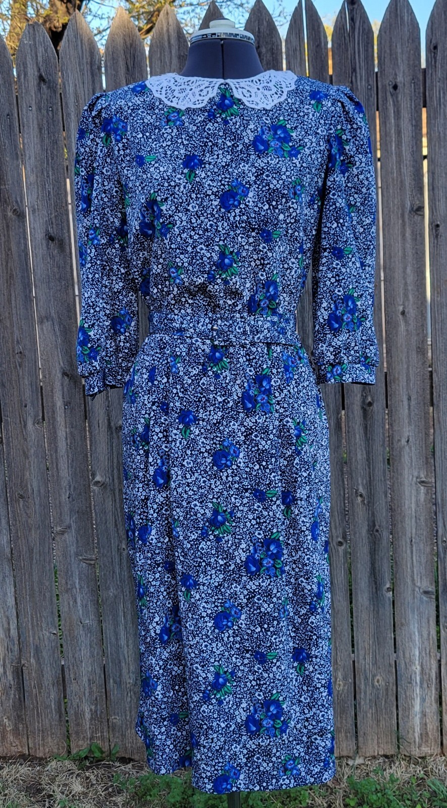 Vintage Lady Carol Of New York Belted Floral Dress Crochet Collar Made In USA