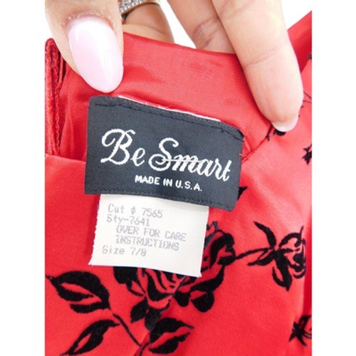 Be Smart Vintage 90s Red Satin Maxi Gown Black Flocked Floral Bodice Size 7/8