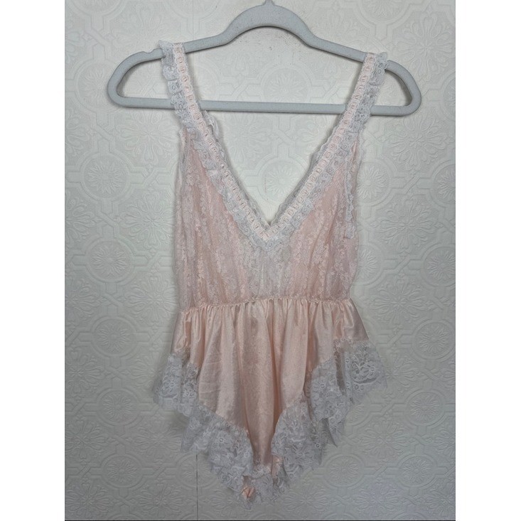 Vintage Pink Satin Lace Teddy Bodysuit Lingerie Romantic Cottagecore Pink Girlie