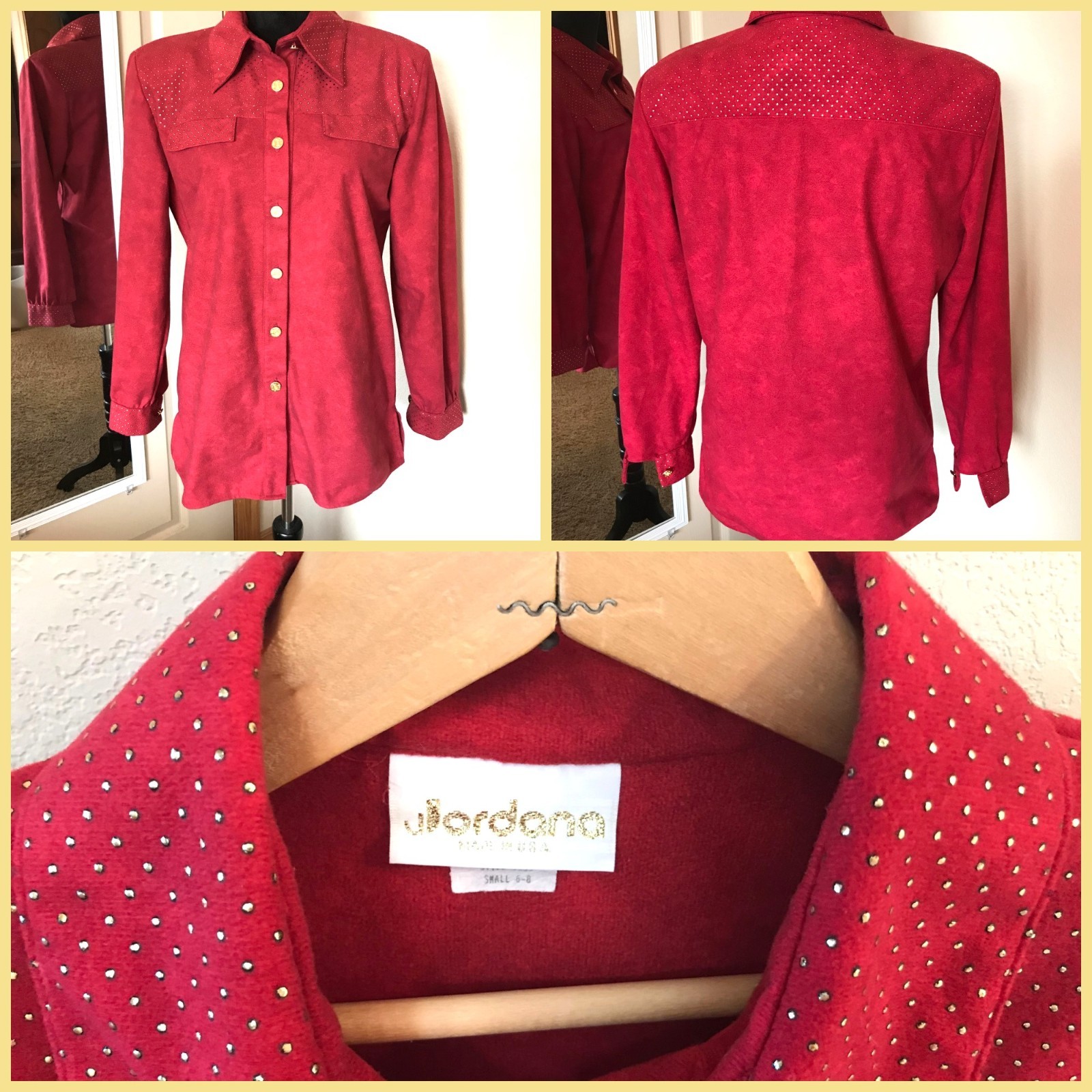 Jordana Metallic Dot Tunic Vintage 70s Blouse Red w/Gold Dots Size Small 6-8