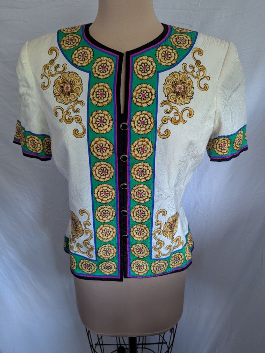 Vtg 100% Silk Baroque Floral Button Front Blouse Cream Gold Regencycore Sz 8