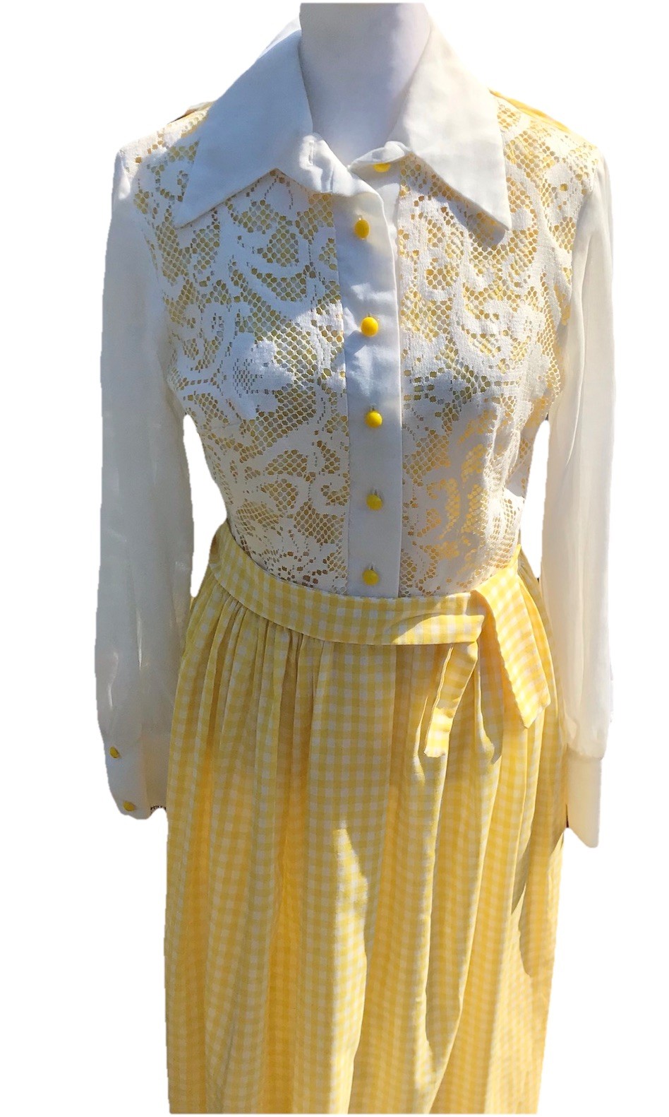Vtg 60s Mr Bob Calif Rare Maxi Dress Yellow Gingham Lace Cottagecore Boho Mod S