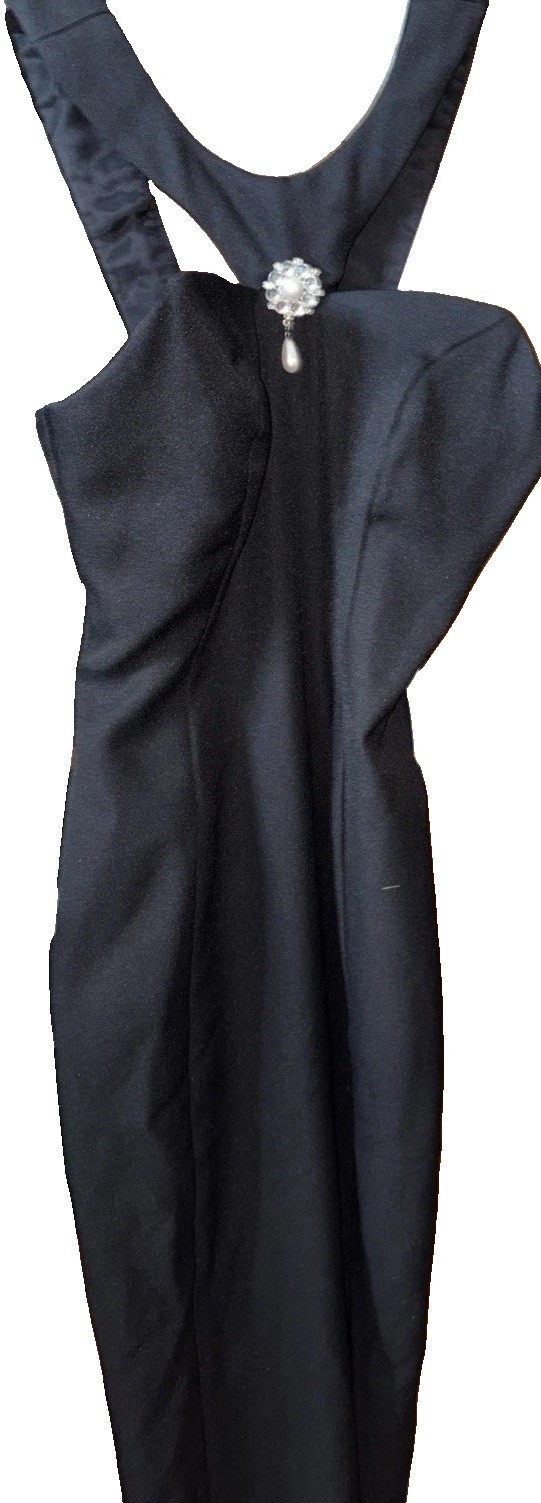 90s Vintage LA Glo Gown Prom Party Cocktail Black Pencil Cut Rhinestone Brooch ￼