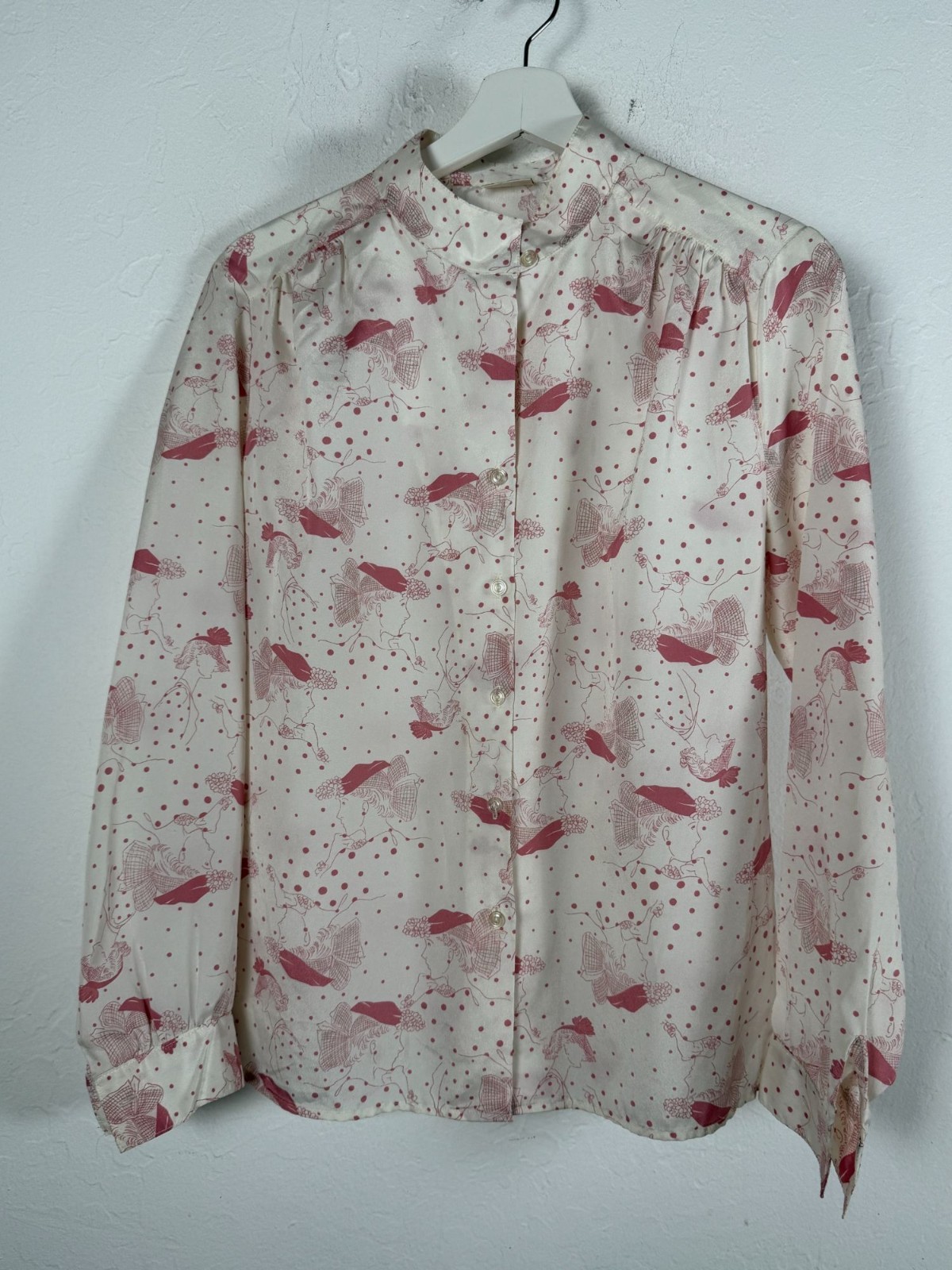 Vintage Pykettes Cream Pink Novelty Bird Polka Dot Print Blouse Button Up Boho