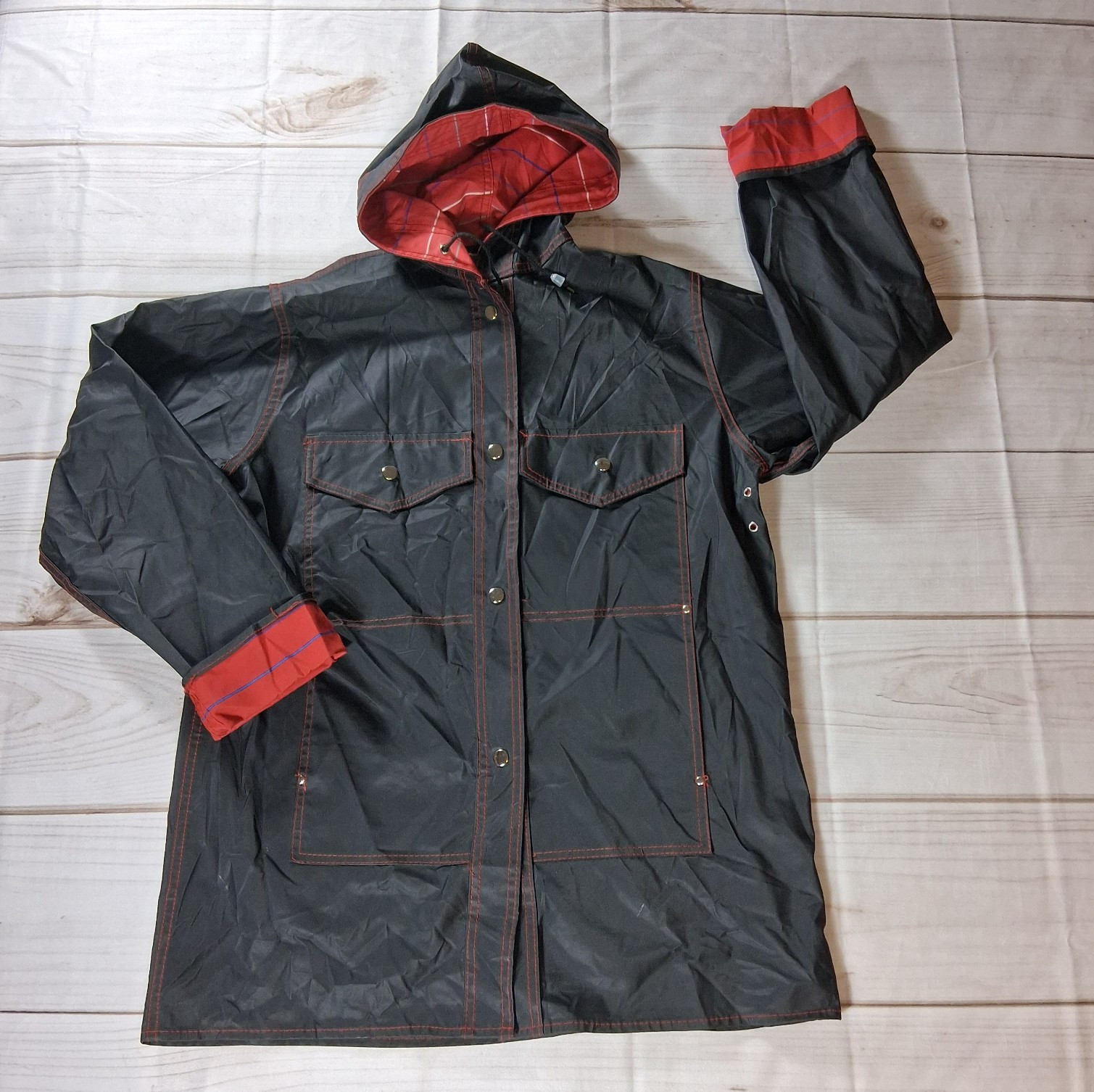 Rainskins Vintage 1980s Hooded Vinyl Raincoat Womens Size L Black Snap Front