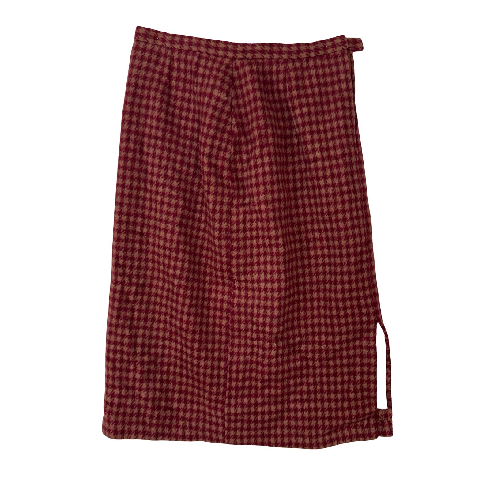 Vintage 60s Heavy Wool Houndstooth Skirt Red Camel Metal Zip 28W Medium Project