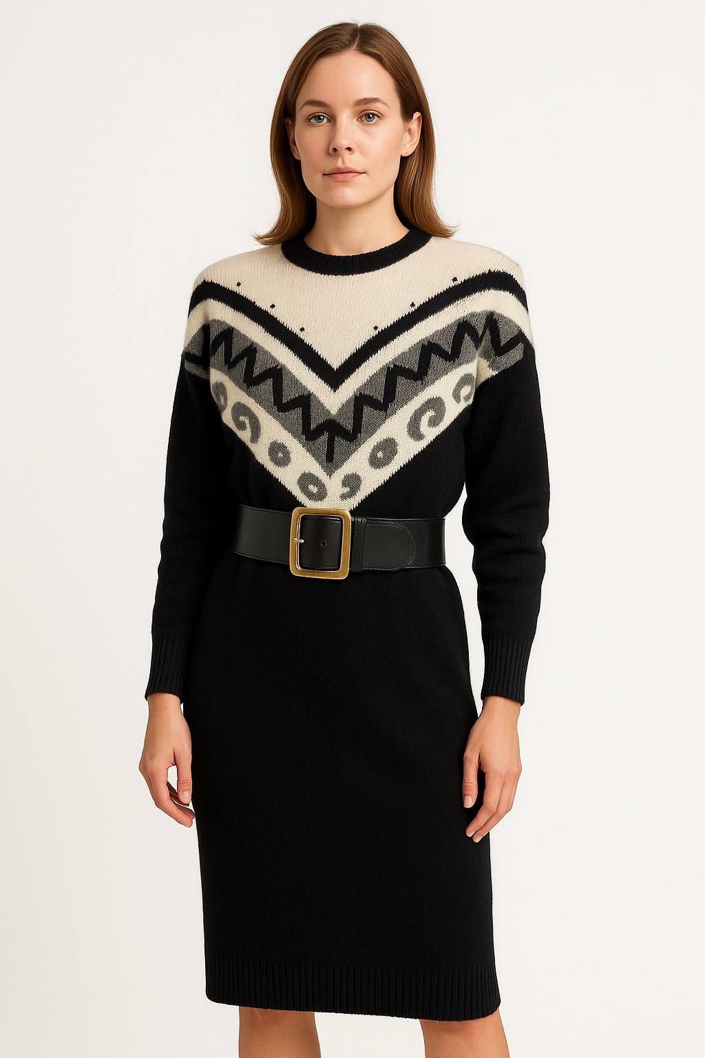 Vintage 80s Yarnworks Geometric Sweater Dress Black Cream Shoulder Pads L Career