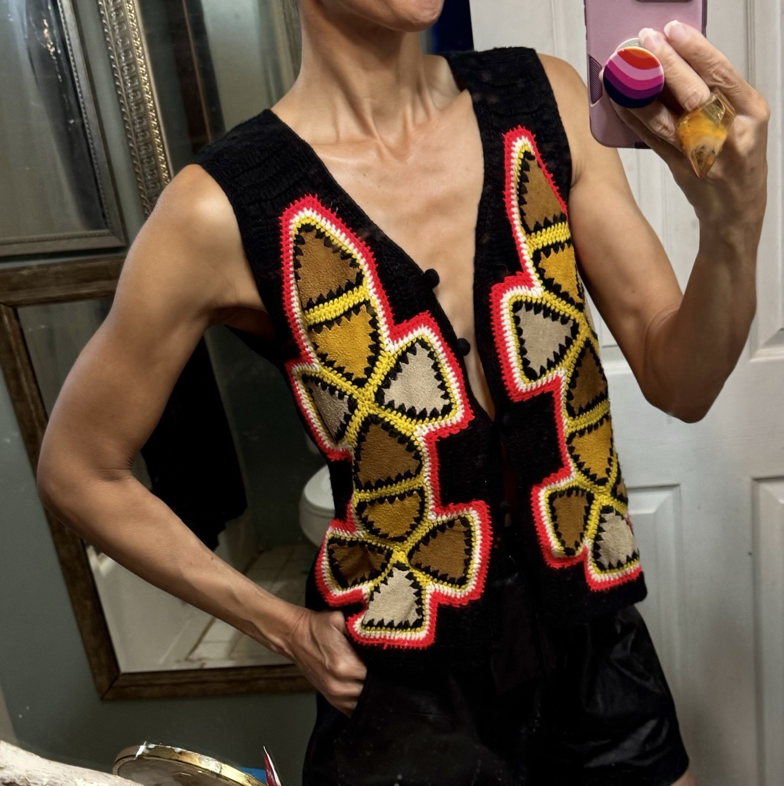 Vtg Aware Taiwan Acrylic Leather Crochet Sweater Vest Top 70s Rare Boho S M L