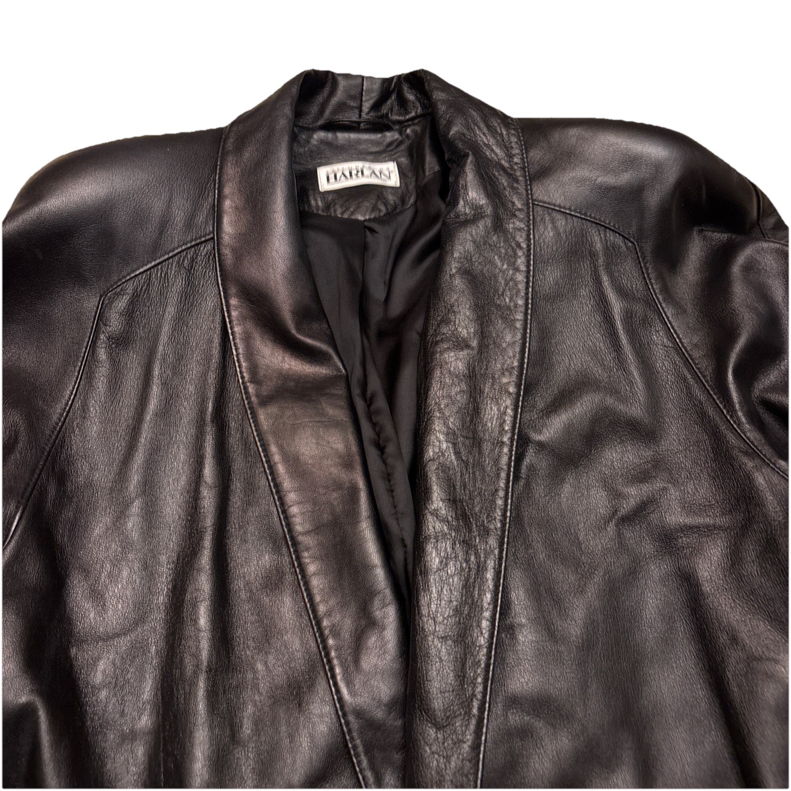 VTG Harlan Leather Coat Woman’s Sz M Black Swing Long Lined Open Front w Gloves