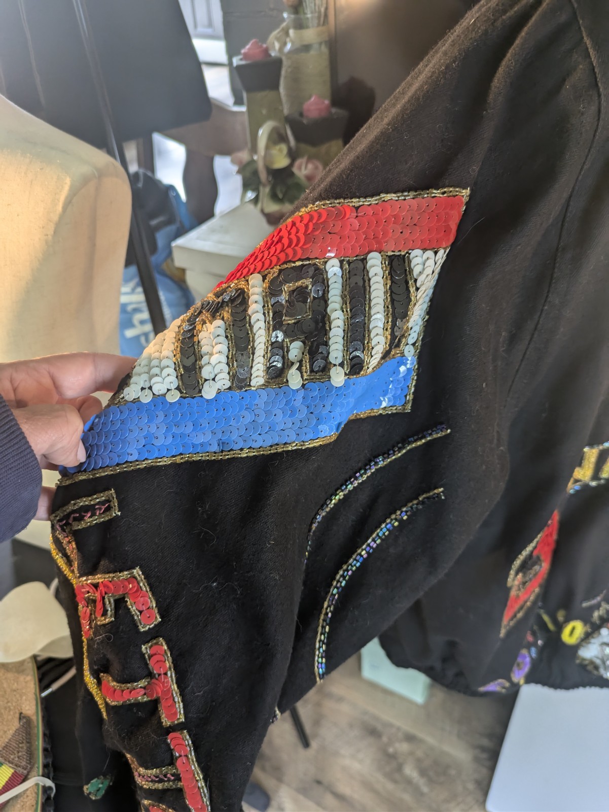 VTG 80’s MODI DENIM US POSTAGE Sequin Embellished Bomber Jacket Size 10/12 Coat