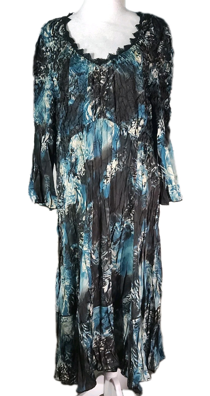 Vtg Y2K Alberto Makali Witchy Whimsy Goth Crinkle Dress Teal Blue Black Size XL