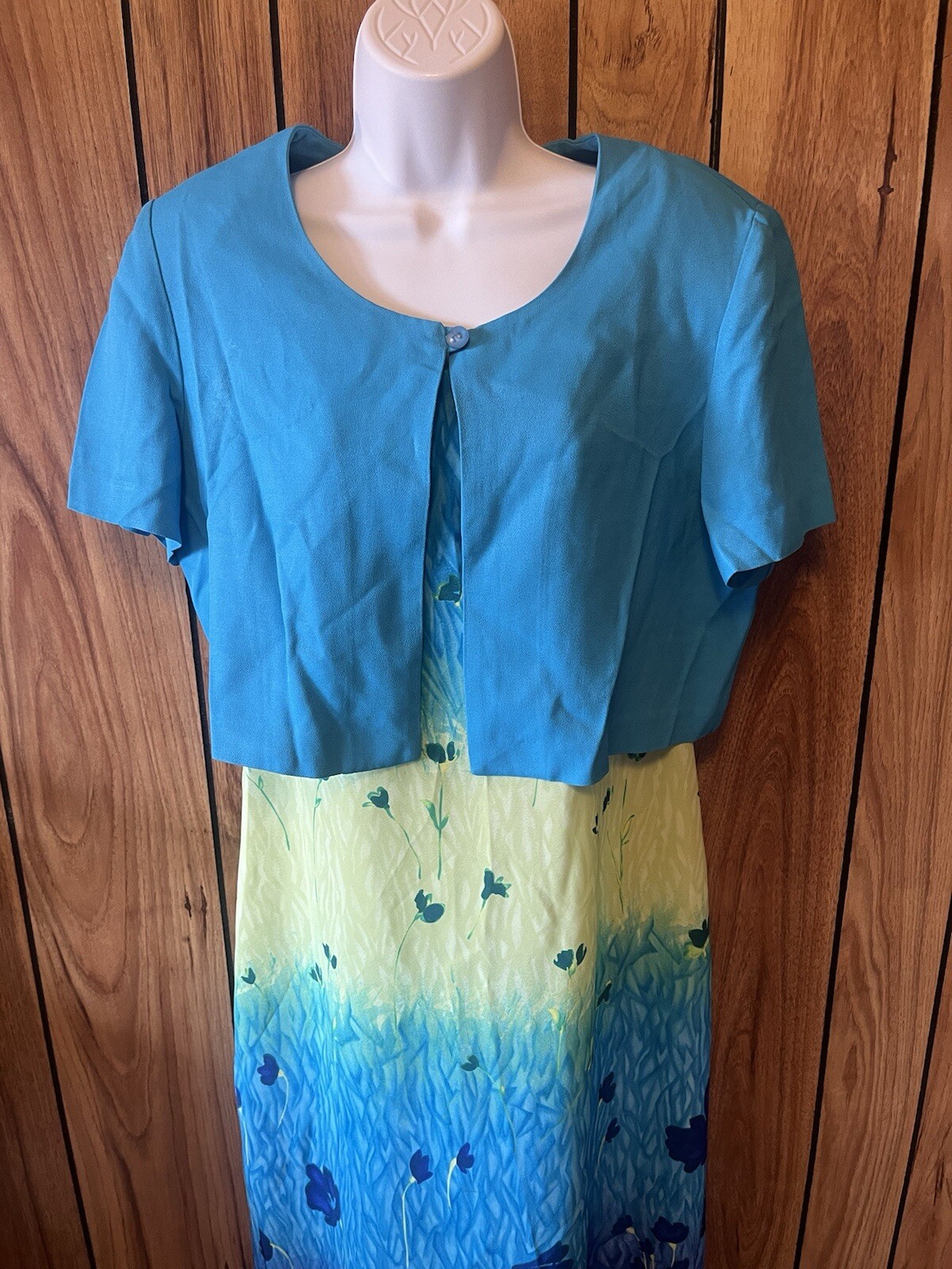 Vintage 80s Menu Ombre Butterfly Floral Cottage Core Dress Shrug Blue Yellow 12