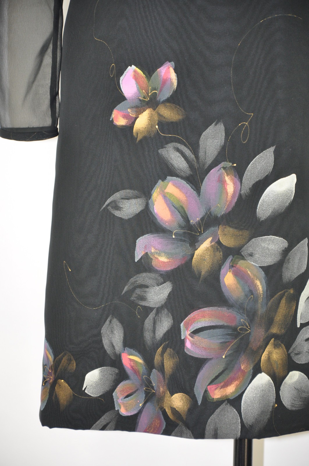 60s Vintage Black Hand Painted Floral Sheer Chiffon Sleeve Shift Dress Women S