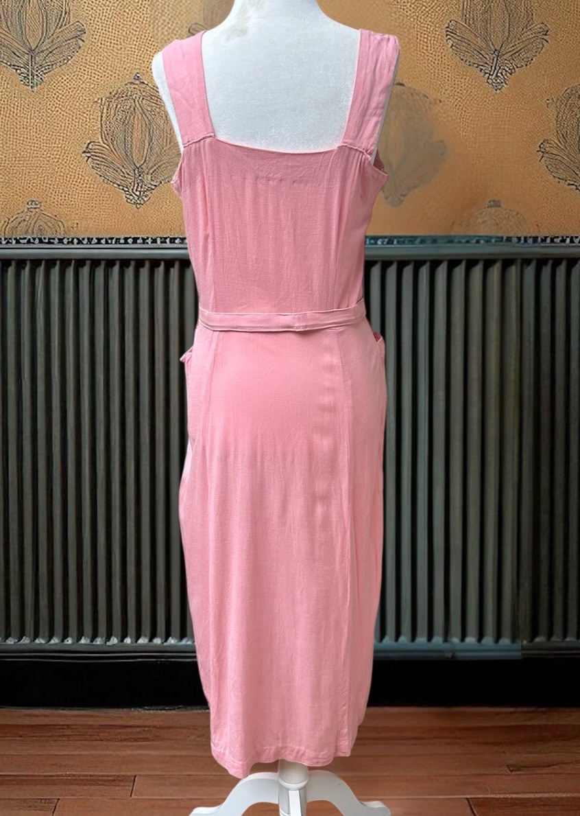 Vtg 1940s Pink Pinafore Dress Rayon Linen Novelty Soutache Pockets Metal Zip 32W