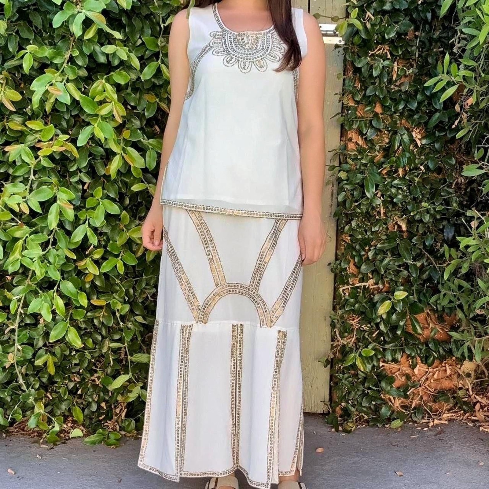 Vintage 90s 2 Piece Resortwear Boho Maxi Skirt Ivory Gold Sequin Set