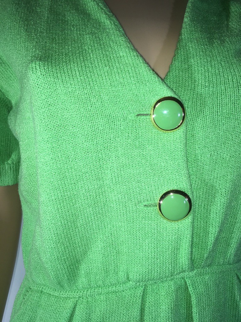Vintage St. John by Marie Gray Knit Green Dress Puff Sleeves Size 8 1980s V-neck