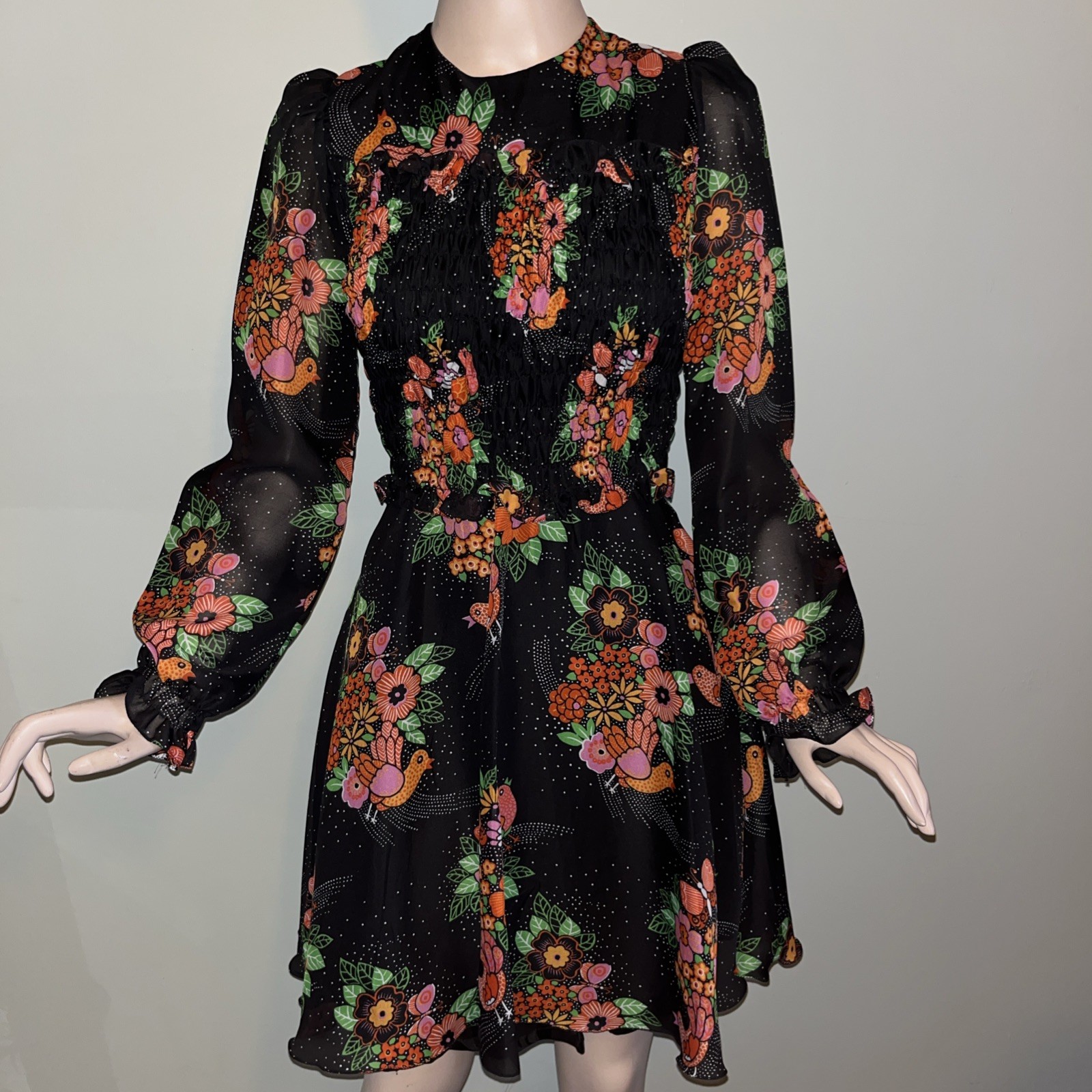 Vintage 70s European Floral Bird Hippie Mod Mini Dress Sheer Puff Sleeve Folk M
