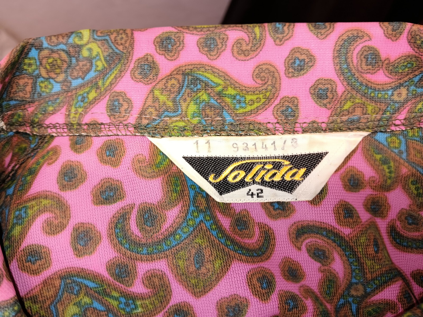 60s Pink Dark Green Blue Paisley Jersey Nylon Button Front Dress by Solida M/L