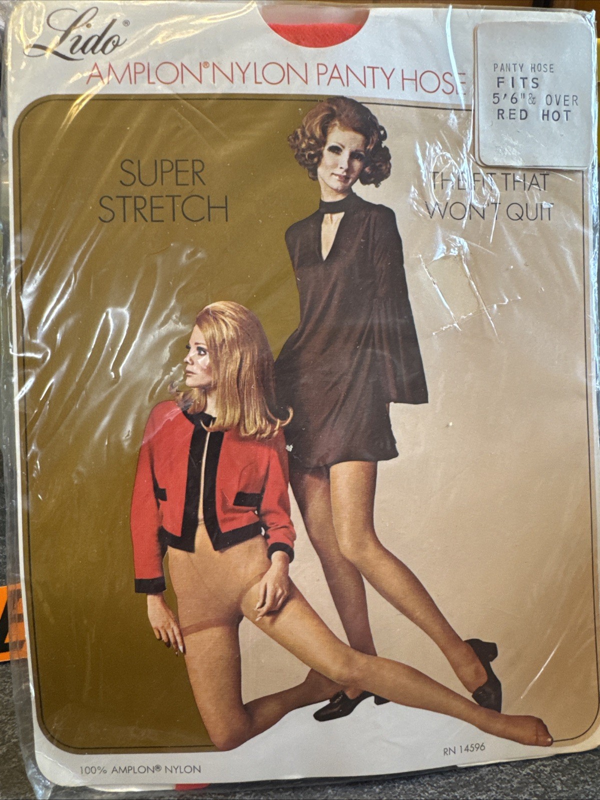Vintage RED HOT Lido Amplon Nylon super Stretch Panty Hose 5’6” & Over 1960’s ED