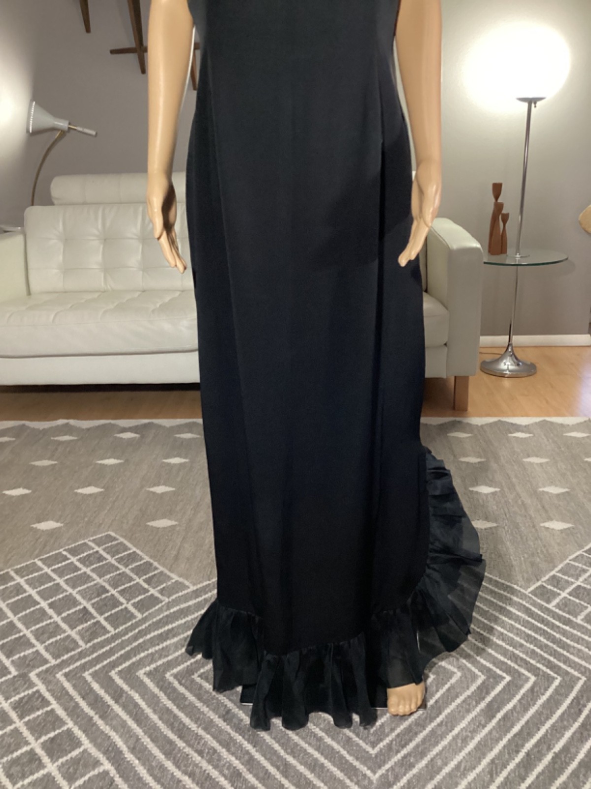 Vintage 50’s Black Wiggle Maxi Cocktail Evening Dress Chiffon Ruffle Trim XL