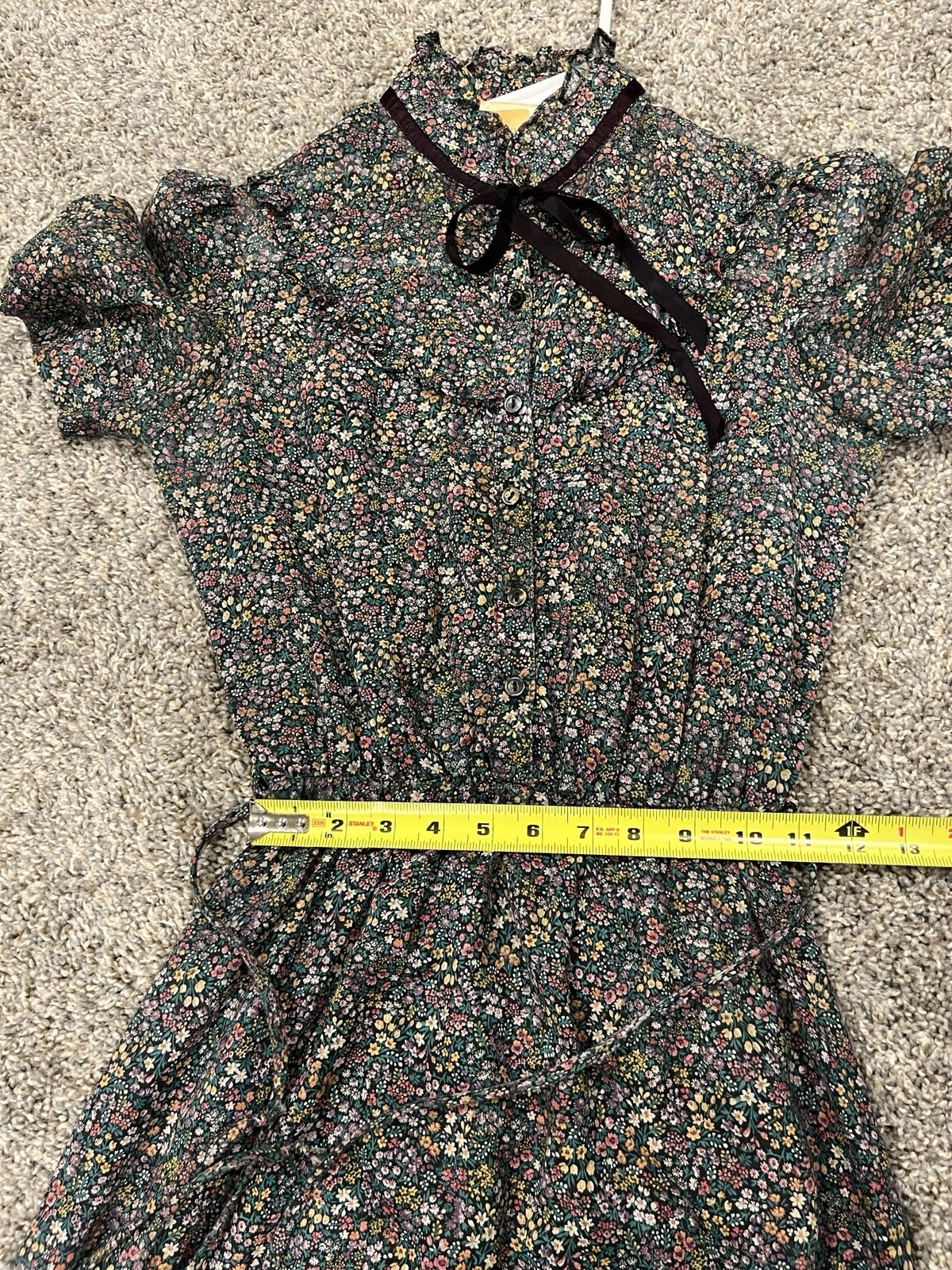 Authentic VTG 1970s Ditsy Floral Prairie Dress Boho Chiffon Tie Neck Byer Too XS