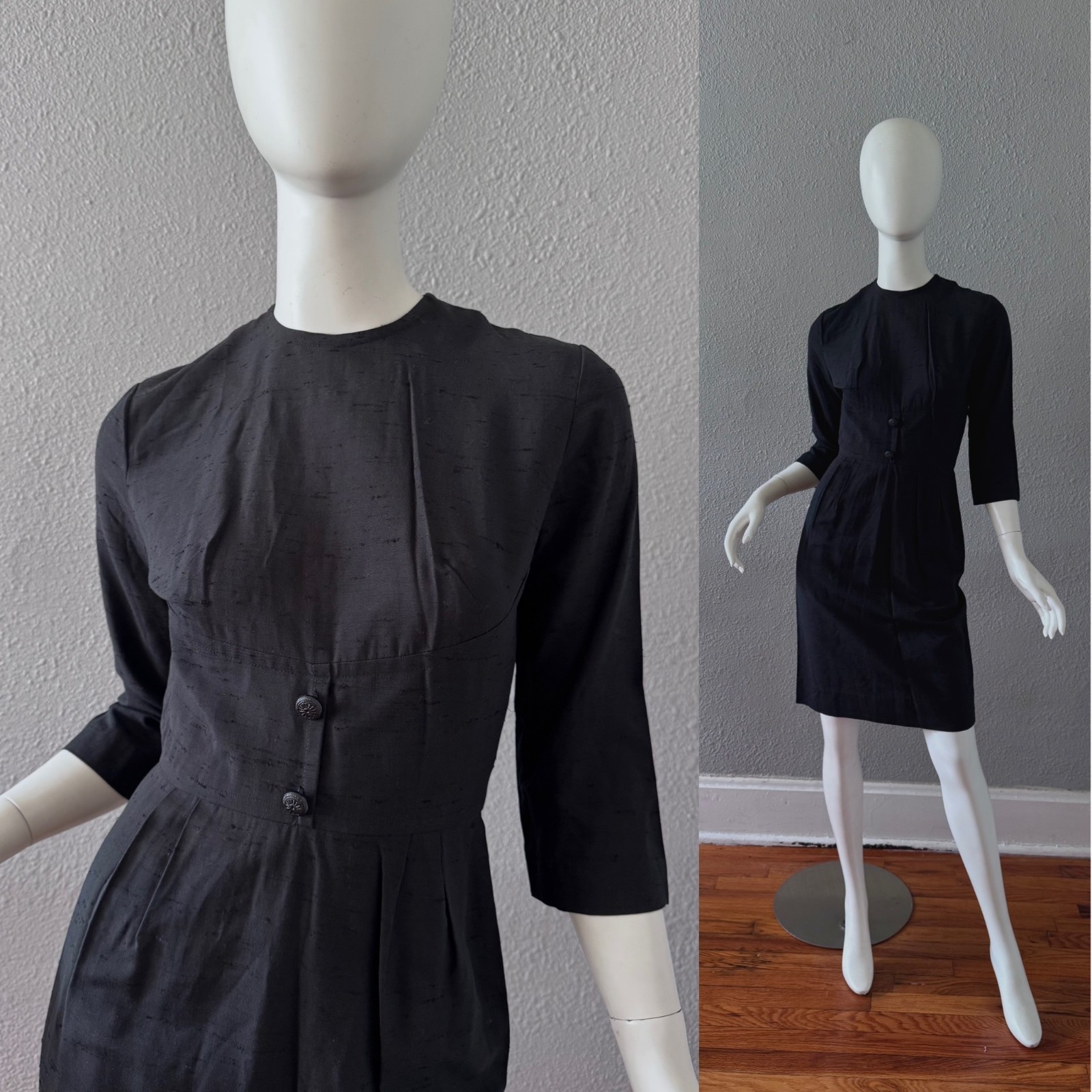 Vintage 50s 60s Black Rockabilly Pin Up Wiggle Dress XS