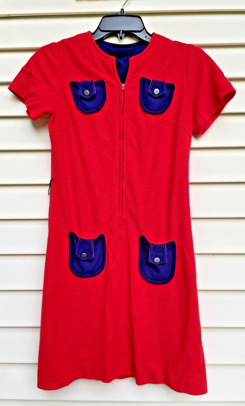Vintage 1970s Mod Women’s Navy & Red Shift Dress with Gold Buttons