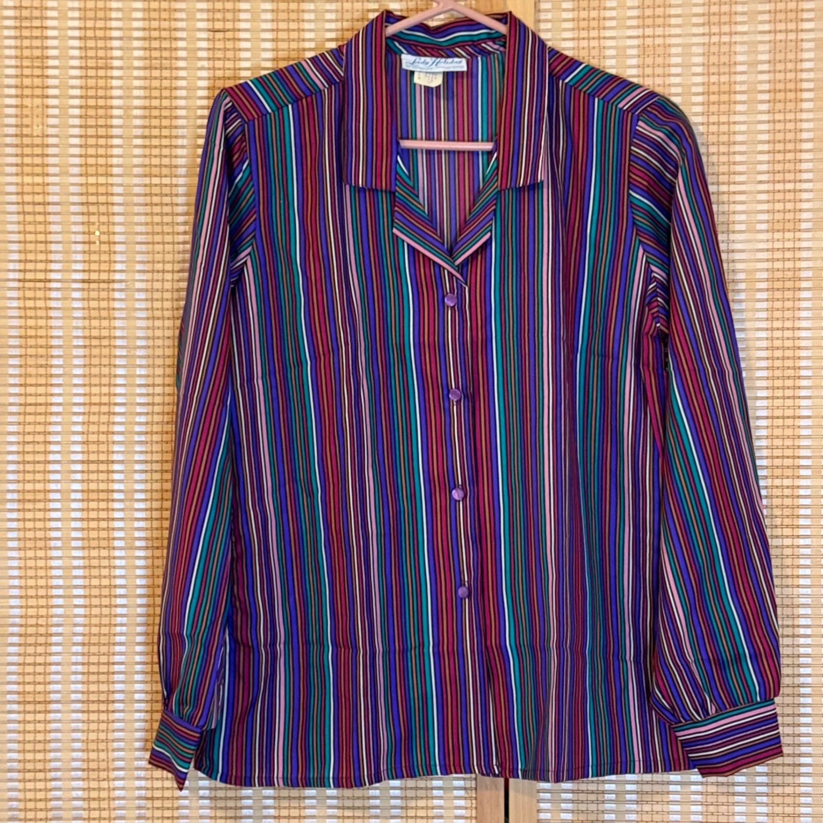 Vintage Lady Holiday Striped Button Up Blouse Multi Color Long Sleeve Size 12